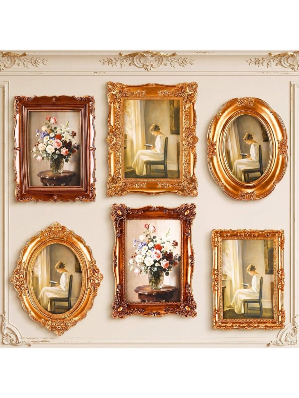 6 Vintage Antique Gold Picture Frames Set for Wall & Tabletop Decor